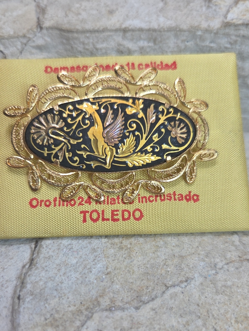 Vintage Toledo Damascene Brooch 24k gold plate and black Enamel Spain Dragon